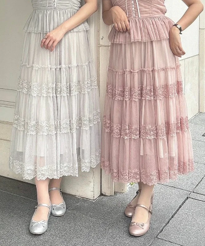 Lace Switched Tulle Tiered Skirt / an another angelus [50BG03q015]. asymmetrical skirt cut