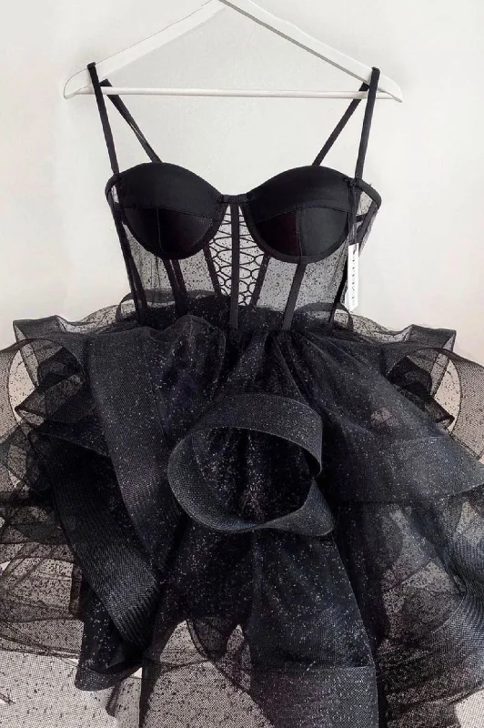 Black Tulle Short Prom Dresses, A-Line Mini Party Dresses Lace Sexy Club
