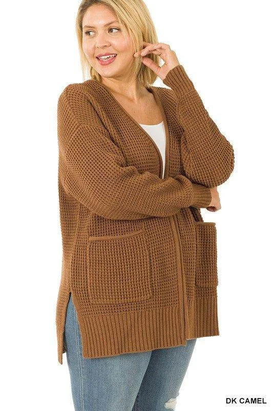 ZENANA Plus Low Gauge Waffle Open Cardigan Sweater Fitted Loose Oversized