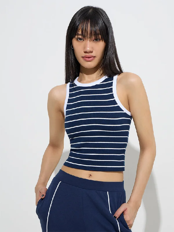 Studiofit Navy Striped Cotton-Blend Tank Top ivory tank top
