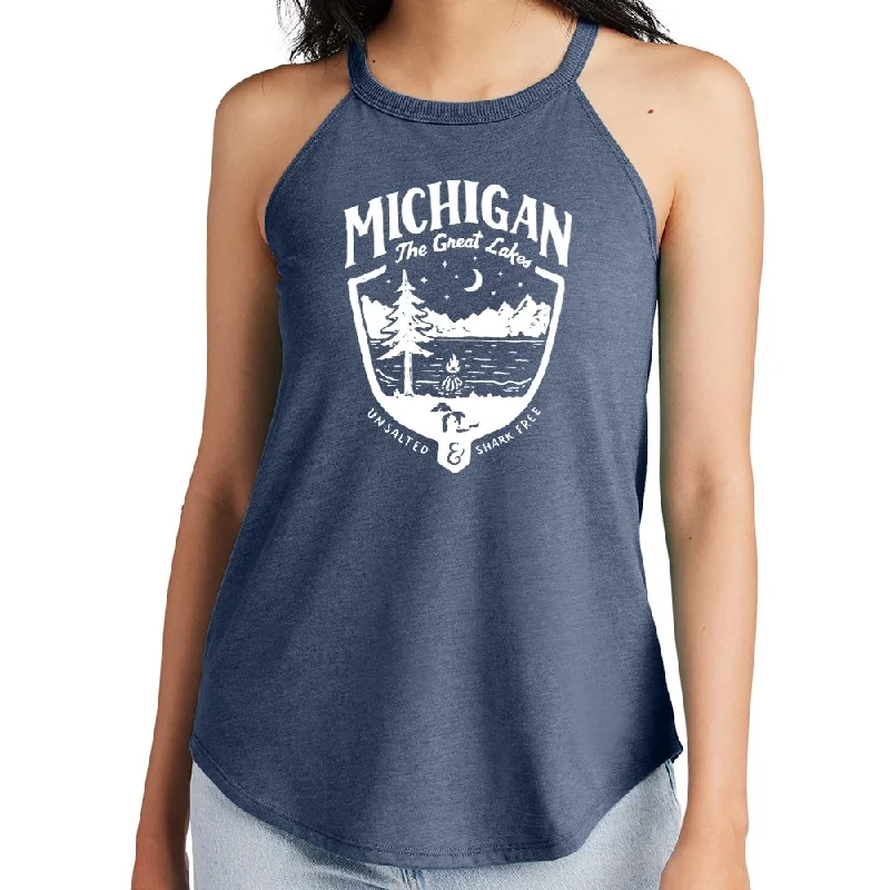 Ladies Michigan Shield Rocker Tank Top - Heather Navy Triblend navy tank top