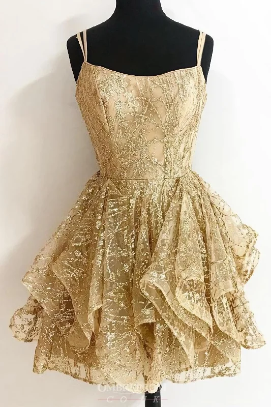 A Line Sequins Gold Short Homecoming Dresses, Glitter Cocktail Party Dress High-Low Hemline Casual A Line Sequins Gold Short Homecoming Dresses, Glitter Cocktail Party Dress High-Low Hemline Casual
