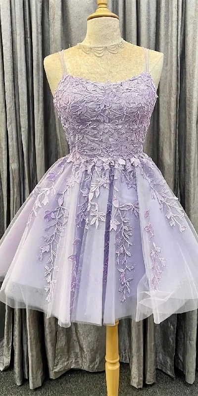Princess Short Lavender A Line Lace Appliqued Homecoming Dress, Party Dress Off-the-shoulder Bohemian Festive Princess Short Lavender A Line Lace Appliqued Homecoming Dress, Party Dress Off-the-shoulder Bohemian Festive