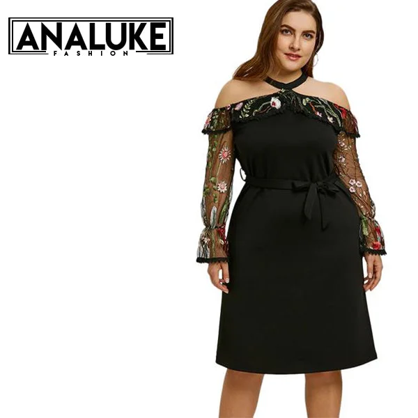 Mesh Panel Embroidery Party Dress Cowl Neckline Elegant