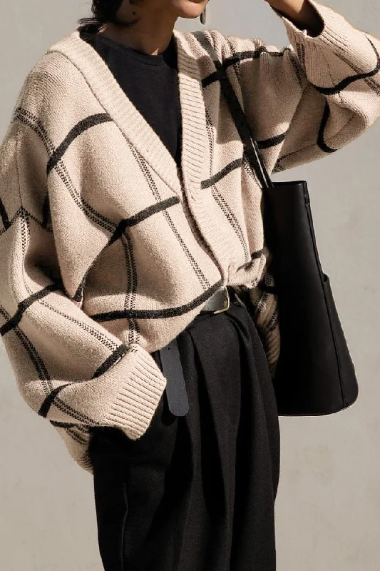 OVERSIZED GRID BUTTON FRONT CARDIGAN Tailored Straight A-Line