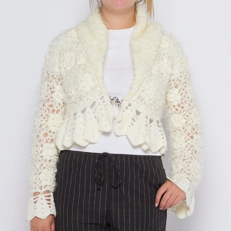 Cropped Crochet Sparkly Cardigan - UK 10 Knit Fabric Woven Fabric Fleece Fabric