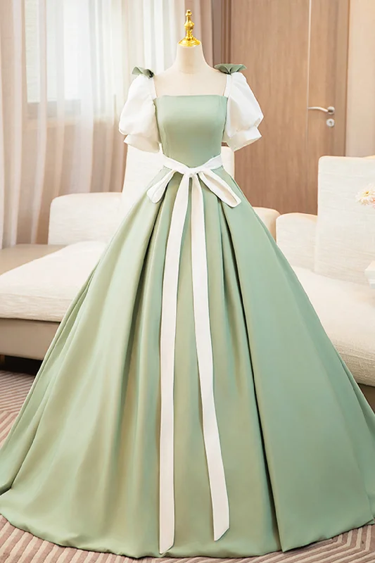 White and Green Long Prom Dress, Lovely A-Line Short Sleeve Evening Party Dress Tunics New arrival White and Green Long Prom Dress, Lovely A-Line Short Sleeve Evening Party Dress Tunics New arrival