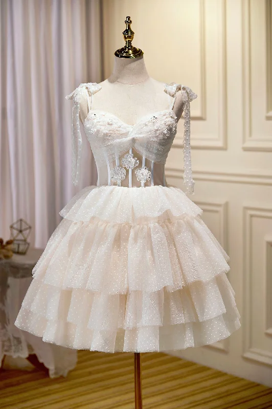 Champagne Spaghetti Straps Lace Party Dress, A-Line Short Homecoming Dress Tunics Chic elegant Champagne Spaghetti Straps Lace Party Dress, A-Line Short Homecoming Dress Tunics Chic elegant