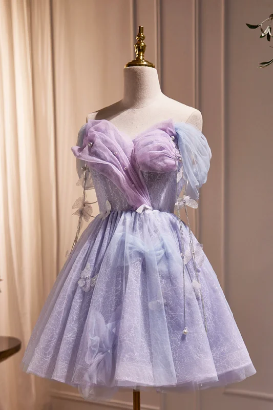 Purple Tulle Short Party Dress, Cute A-Line Off Shoulder Prom Dress High-Low Hemline Casual Purple Tulle Short Party Dress, Cute A-Line Off Shoulder Prom Dress High-Low Hemline Casual