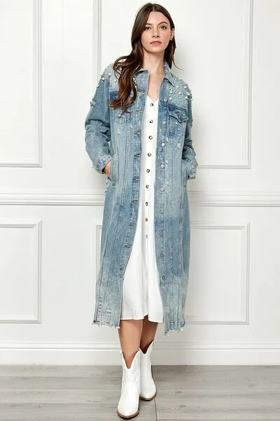 Veveret Full Size Distressed Raw Hem Pearl Detail Button Up Jacket Cardigan Sweater Pullover Veveret Full Size Distressed Raw Hem Pearl Detail Button Up Jacket Cardigan Sweater Pullover