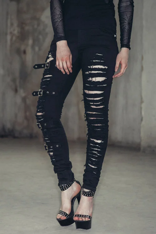 Black Punk Loops Broken Holes Womens Pants Casual Drawstring Pants