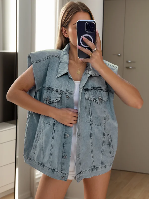 Shelby Pocketed Button Up Cap Sleeve Denim Jacket Fleece Jacket Down Jacket Parka