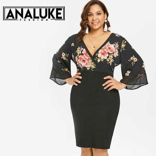 Sleeve Low Cut Floral Party Dress Tunics Winter warm