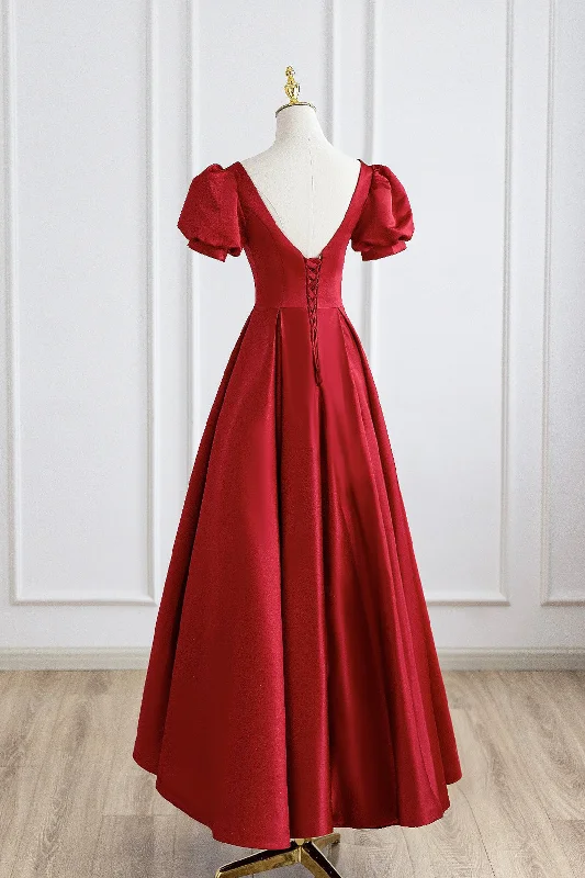 Red Satin Long Prom Dress, Simple A-Line Short Sleeve Evening Party Dress Mermaid Tail Wedding Red Satin Long Prom Dress, Simple A-Line Short Sleeve Evening Party Dress Mermaid Tail Wedding
