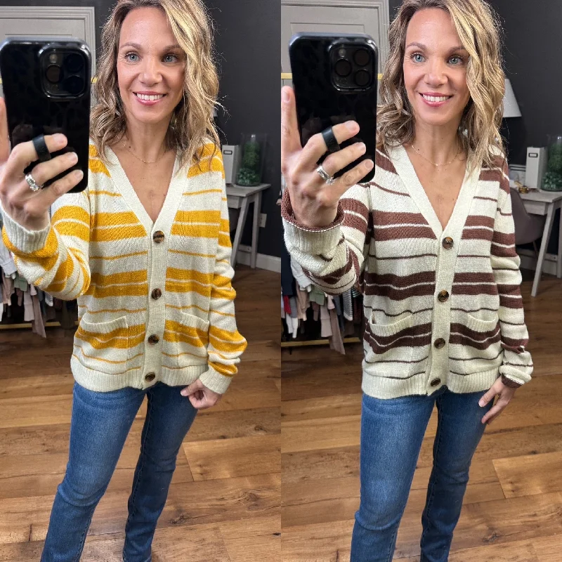 Least Bit Curious Striped Button Cardigan - Multiple Options Bright Pastel Dark