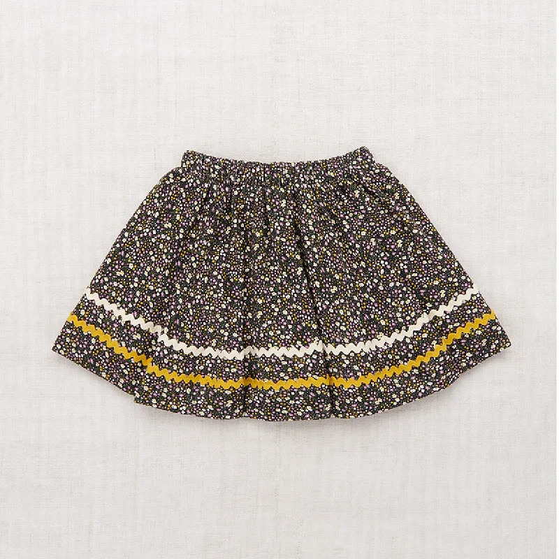 Rickrack Circle Skirt in Carbon / Periwinkle Mini Floral by Misha & Puff - Last Ones In Stock - 3-5 Years asymmetrical skirt cut
