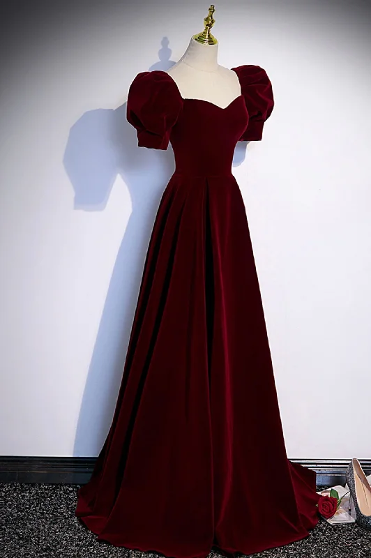 Burgundy Velvet Long A-Line Prom Dress, Simple Short Sleeve Party Dress Tunics Chinos classic Burgundy Velvet Long A-Line Prom Dress, Simple Short Sleeve Party Dress Tunics Chinos classic