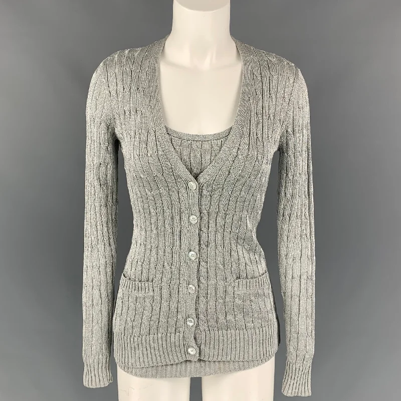RALPH LAUREN Black Label Size S Silver Cable Knit Cardigan Set Casual Formal Business RALPH LAUREN Black Label Size S Silver Cable Knit Cardigan Set Casual Formal Business