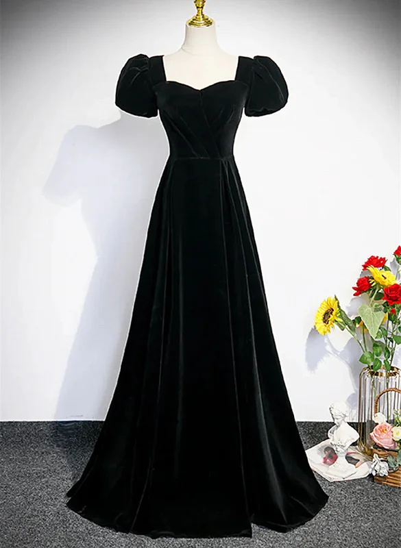 A-line Black Short Sleeves Velvet Long Party Dress, Black Simple Bridesmaid Dress Tunics Stylish elegant A-line Black Short Sleeves Velvet Long Party Dress, Black Simple Bridesmaid Dress Tunics Stylish elegant