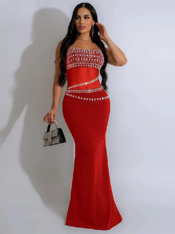 Red Christmas Party Dress with Elegant Mesh See Through Rhinestones Strap Tunics Practical easy-care Red Christmas Party Dress with Elegant Mesh See Through Rhinestones Strap Tunics Practical easy-care