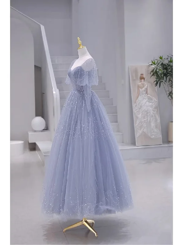 Blue Short Sleeves Tulle Long Sweetheart Party Dress, A-line Blue Prom Dress Pleated Skirt Elegant Blue Short Sleeves Tulle Long Sweetheart Party Dress, A-line Blue Prom Dress Pleated Skirt Elegant