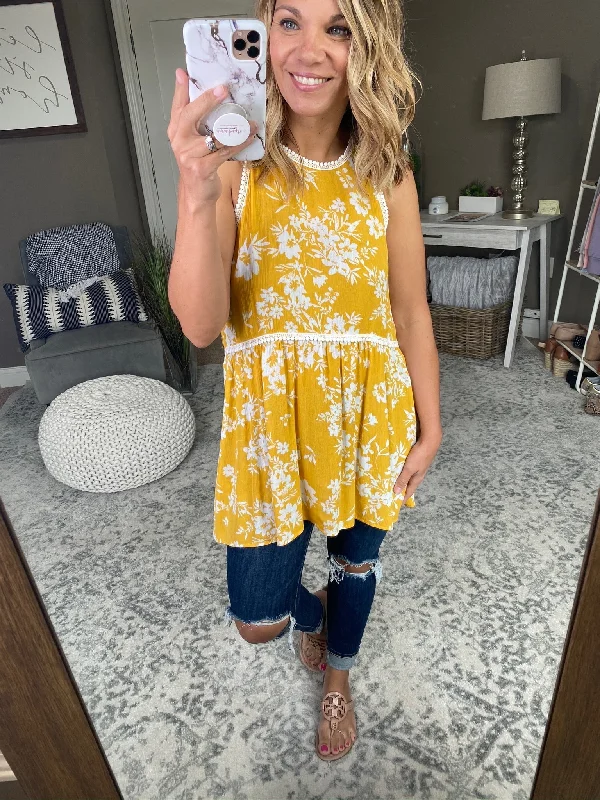Break My Heart Yellow Floral Babydoll Tank with Lace Detailing v-neck tank top