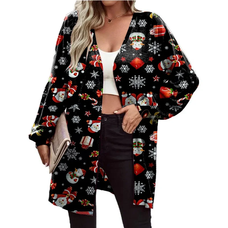 Women Fashion Cartoon Christmas Snowman Snowflake Print Long Sleeve Cardigan Jacket Chenille Fabric Brocade Fabric Lace Fabric Women Fashion Cartoon Christmas Snowman Snowflake Print Long Sleeve Cardigan Jacket Chenille Fabric Brocade Fabric Lace Fabric