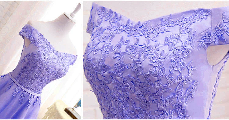 Purple Short Sleeves Lace Off Shoulder Party Dress, Cute Purple Homecoming Dress Tunics Solid Classic