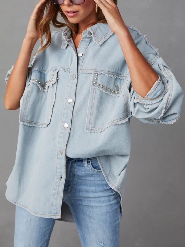 Gladys Button Down Raw Hem Denim Jacket Knit Jacket Woven Jacket Fleece Jacket