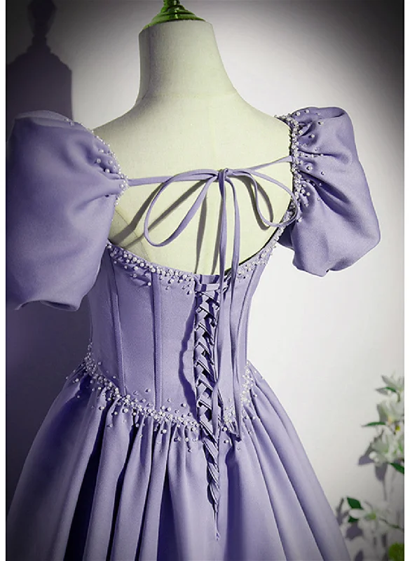 Light Purple Satin Short Sleeves Beaded Party Dress, A-line Long Prom Dress Tunics stripes playful Light Purple Satin Short Sleeves Beaded Party Dress, A-line Long Prom Dress Tunics stripes playful