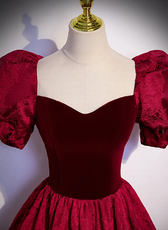Wine Red Sweetheart Short Sleeves Long Party Dress, Wine Red Evening Dress Prom Dress Tunics Cozy soft Wine Red Sweetheart Short Sleeves Long Party Dress, Wine Red Evening Dress Prom Dress Tunics Cozy soft