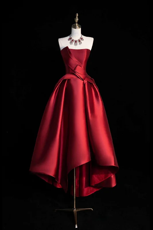 A-Line Satin Short Prom Dress, Burgundy Strapless High Low Party Dress Tunics Designer luxury