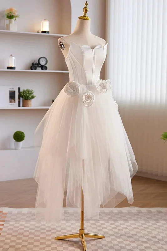 Unique White Strapless Irregular Tulle Short Prom Dress, White Party Dress Glittery Long Formal Unique White Strapless Irregular Tulle Short Prom Dress, White Party Dress Glittery Long Formal