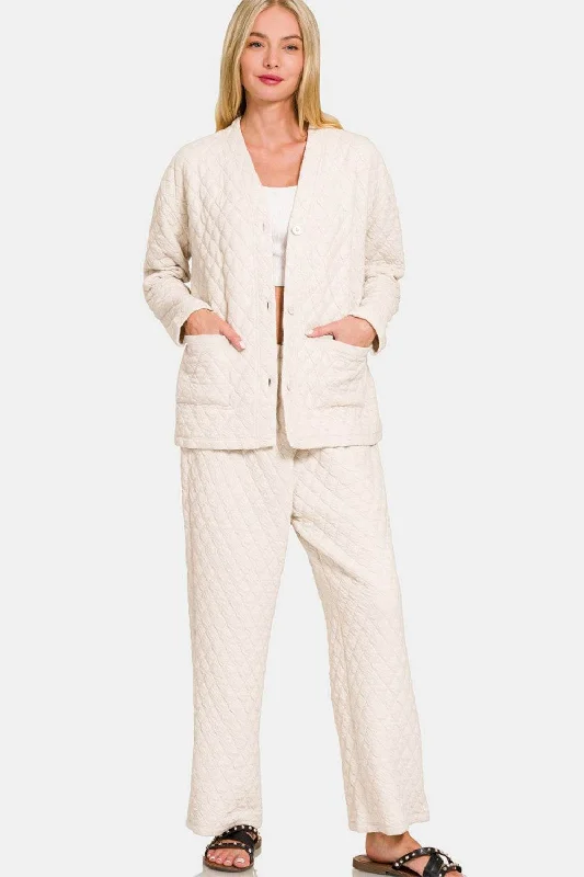Zenana Quilted Button Up Long Sleeve Top and Pants Lounge Set In Beige Relaxed Casual Leggings Zenana Quilted Button Up Long Sleeve Top and Pants Lounge Set In Beige Relaxed Casual Leggings
