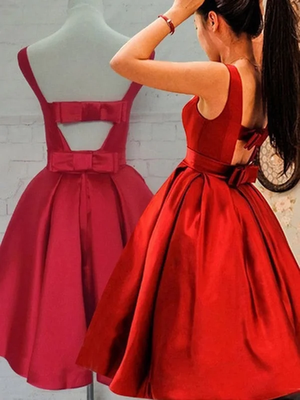 Cute Red Satin Scoop Sleeveless Short Party Dresses, Red Homecoming Dress Tunics Winter warm Cute Red Satin Scoop Sleeveless Short Party Dresses, Red Homecoming Dress Tunics Winter warm