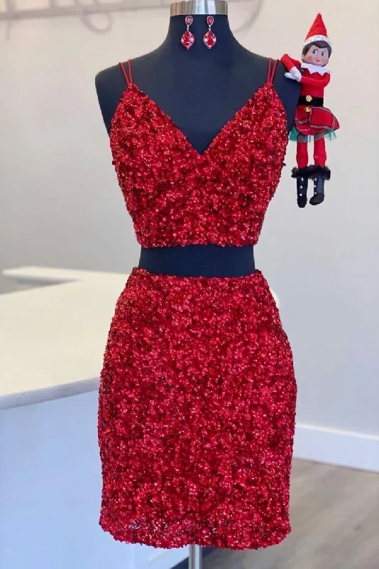 Two Piece Red Sequined Homecoming Dress, V-neck Tight Party Dress,Short Prom Dresses Tunics Corduroy durable Two Piece Red Sequined Homecoming Dress, V-neck Tight Party Dress,Short Prom Dresses Tunics Corduroy durable