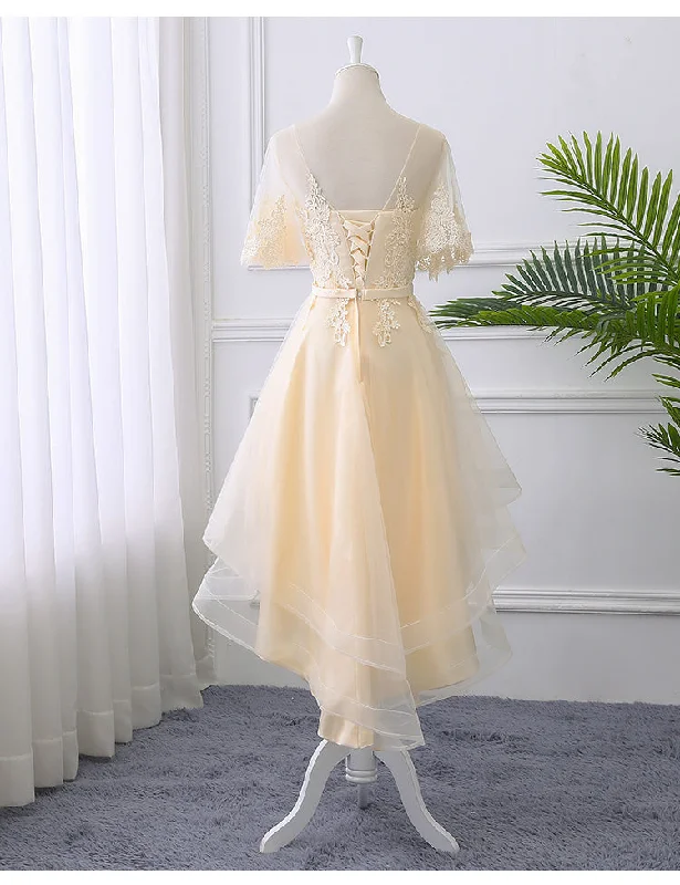 Adorable Light Champagne High Low Party Dress with Lace Applique, Short Homecoming Dress Boat Neckline Classic Adorable Light Champagne High Low Party Dress with Lace Applique, Short Homecoming Dress Boat Neckline Classic