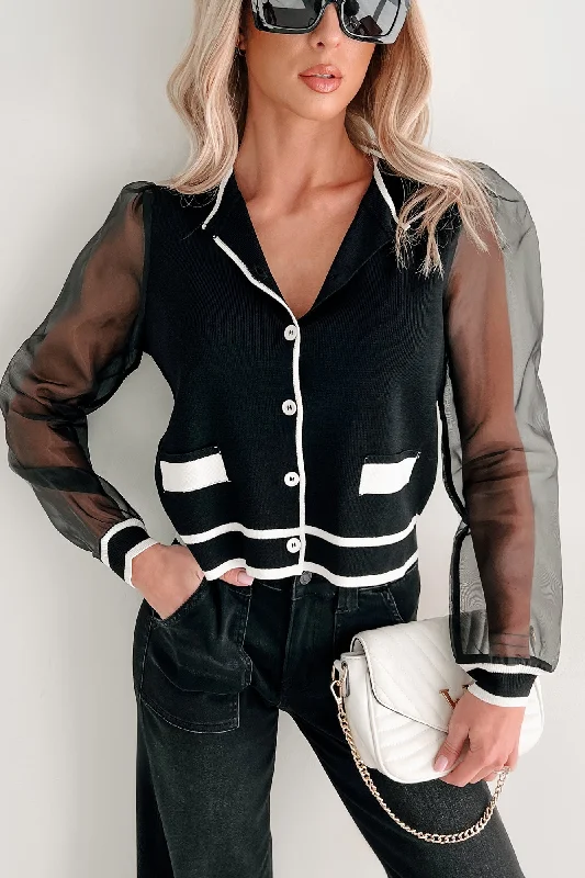 Chic Perception Organza Sleeve Cardigan (Black/Ivory) Machine Wash Dry Clean Hand Wash