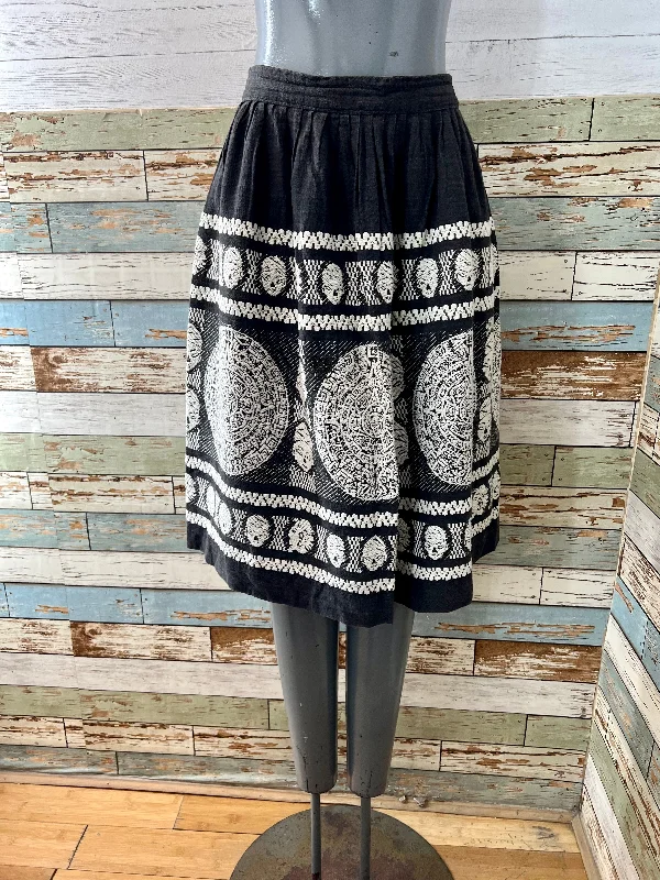 70’s Black With White Embroidery Ethnic Print Skirt summer skirt style