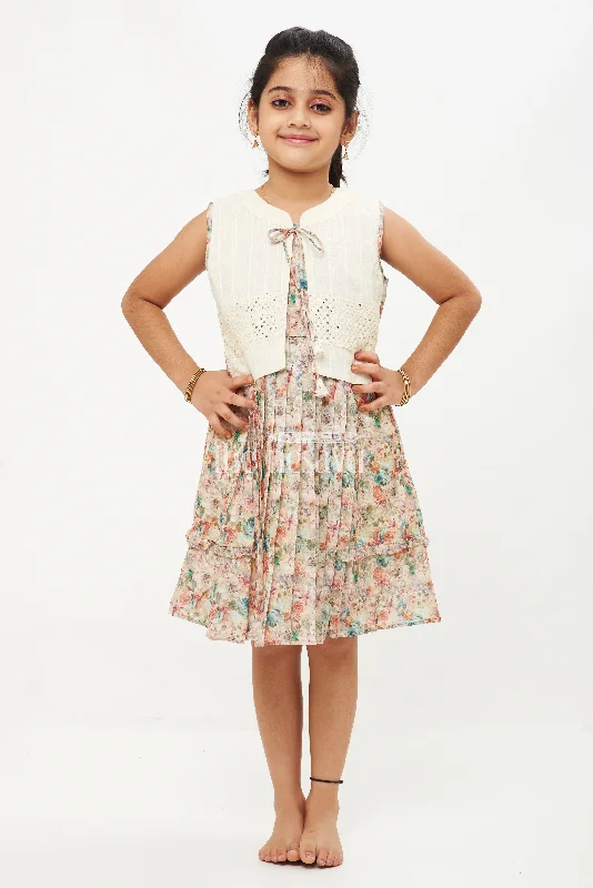 Beige Designer Sleeveless Floral Cotton Frock with Sequined Jacket Quilted Jacket Puffer Jacket Insulated Jacket