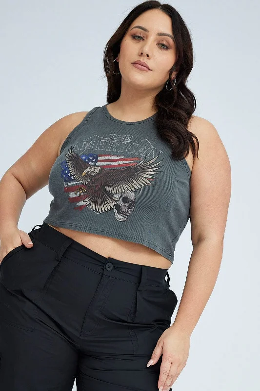 Grey Rib Tank Eagle Graphic Sleeveless lounge tank top