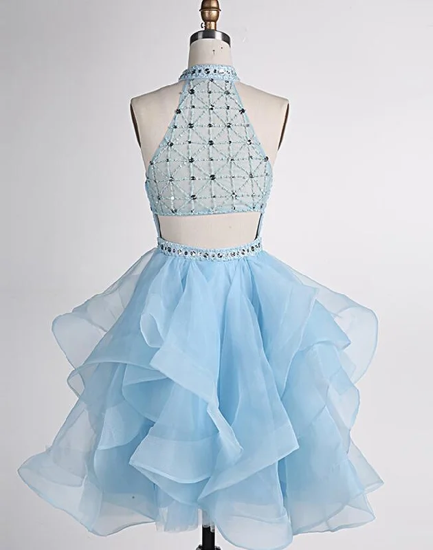 Light Blue Beaded Layers Knee Length Party Dress, Blue Homecoming Dress Short Prom Dress Glittery Long Formal Light Blue Beaded Layers Knee Length Party Dress, Blue Homecoming Dress Short Prom Dress Glittery Long Formal