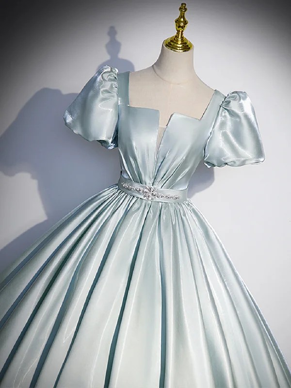 Beautiful Satin Floor Length Prom Dress, A-Line Short Sleeve Evening Party Dress High-Low Hemline Casual Beautiful Satin Floor Length Prom Dress, A-Line Short Sleeve Evening Party Dress High-Low Hemline Casual