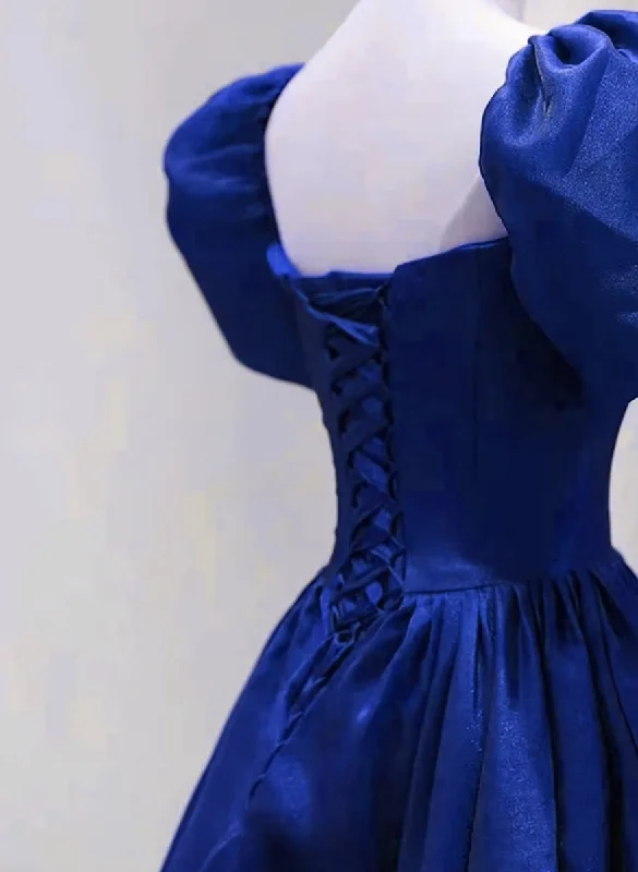 Royal Blue Satin Short Sleeves Wedding Party Dress, Royal Blue Party Dress Prom Dress Square Neckline Feminine Royal Blue Satin Short Sleeves Wedding Party Dress, Royal Blue Party Dress Prom Dress Square Neckline Feminine