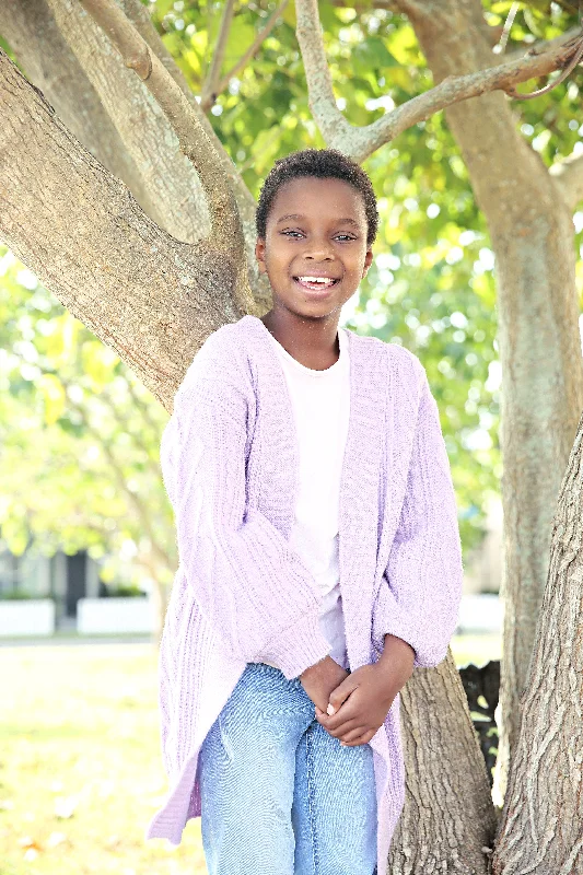 Girls’ Chunky Cable Knit Cardigan in Lilac Boxy Cardigan Fitted Cardigan A-Line