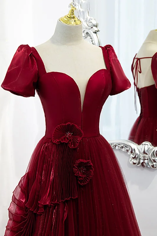Burgundy Satin Tulle Long Prom Dress, A-Line Short Sleeve Evening Party Dress Tunics New arrival Burgundy Satin Tulle Long Prom Dress, A-Line Short Sleeve Evening Party Dress Tunics New arrival