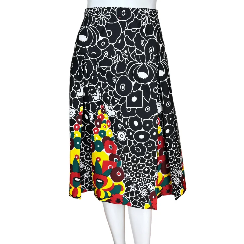 1970s Vintage Lanvin Skirt Optic Floral Polyester Sz 12 L belted skirt waist