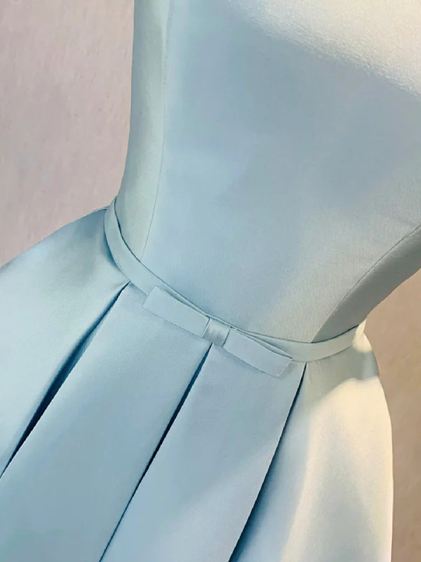 Simple Short Light Blue Satin Party Dress, Blue A-Line Off the Shoulder Evening Dress Tunics Winter warm Simple Short Light Blue Satin Party Dress, Blue A-Line Off the Shoulder Evening Dress Tunics Winter warm
