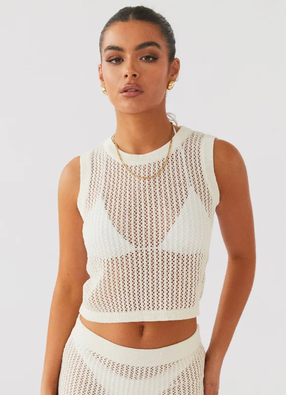 Beach Club Crochet Tank Top - White flirty tank top