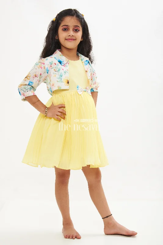 Yellow Georgette Pleated Frock with Floral Jacket for Girls Zippered Jacket Buttoned Jacket Snapped Jacket Yellow Georgette Pleated Frock with Floral Jacket for Girls Zippered Jacket Buttoned Jacket Snapped Jacket